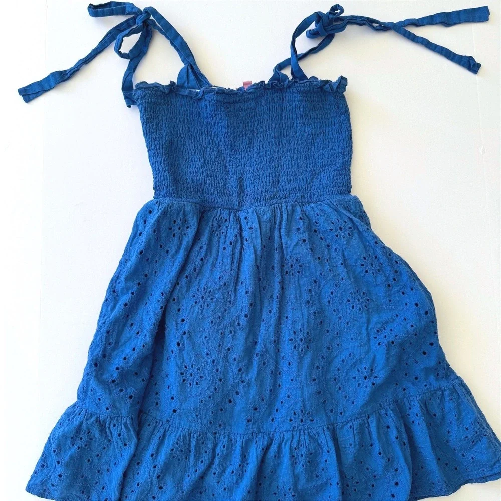 100% Cotton Eyelet Lace Boho Mini Dress Smocked Tie Strap Size S Coastal Chic